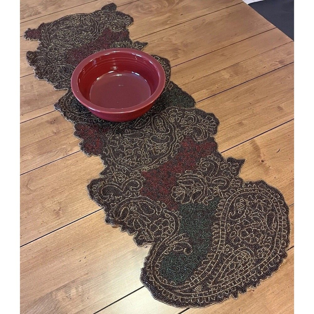 Vintage Boho Embellished Beaded Table Runner Paisley Brown Red Green 13” X 36”